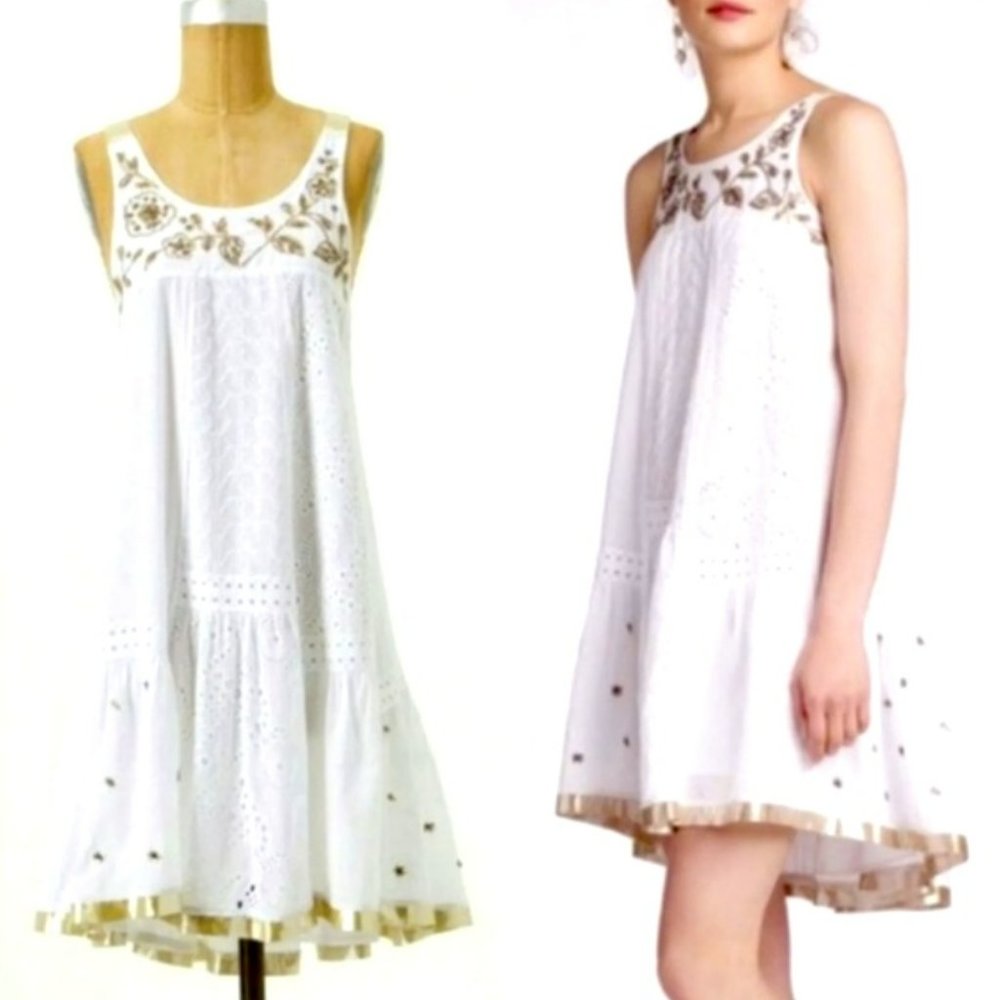 NWT Anthropologie Leifnotes Eyelet Embroidered Hand Beaded Assymetric Dress. 2